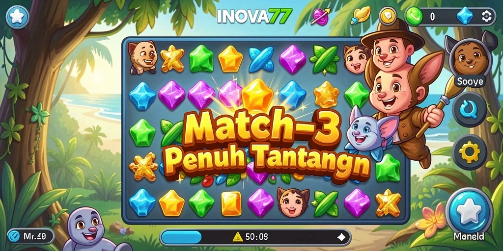 Tampilan gameplay INOVA77 dengan elemen match-3 yang berwarna-warni.