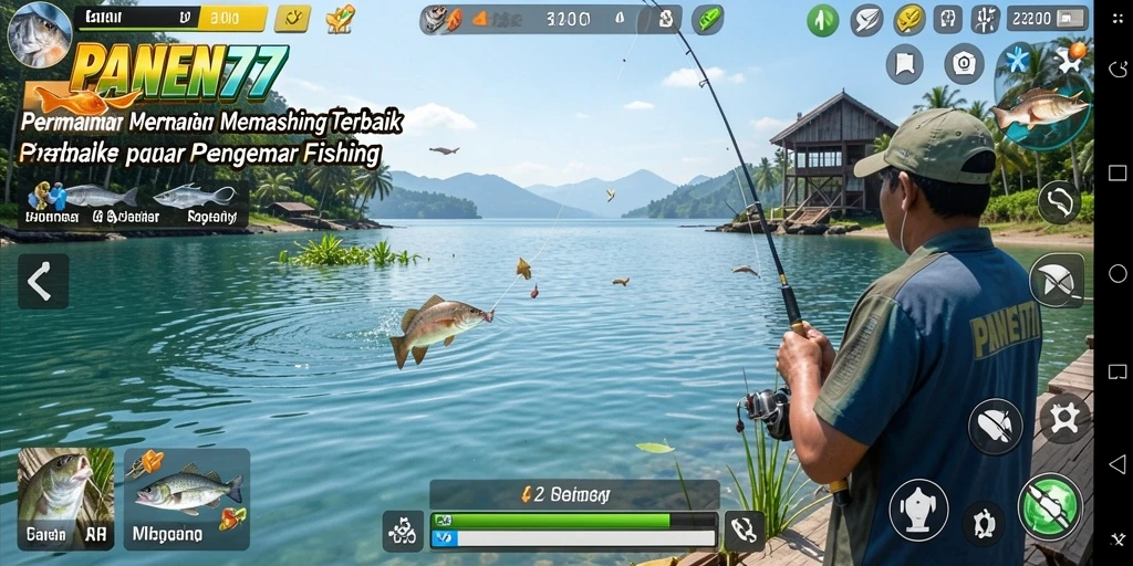 Tampilan permainan <strong>PANEN77</strong> saat menangkap ikan di perairan yang indah.